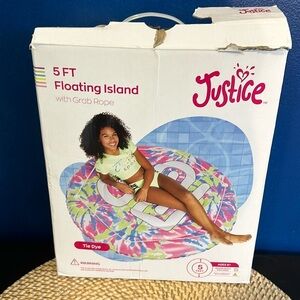 New in Box Justice 5ft Island Pool Float w/ Grab Rope, Pink & Blue Tie Dye